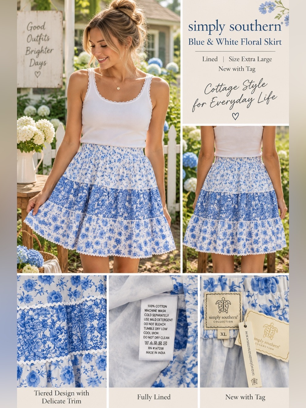 Simply Southern Blue & White Floral Tiered Skirt XL NWT Cottagecore